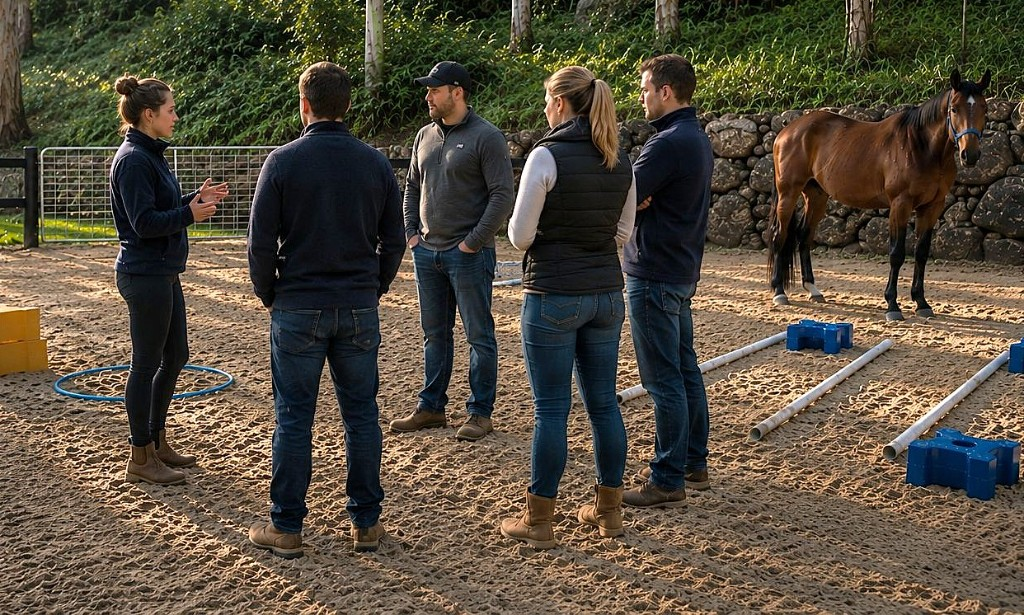 Leaders standing in a circle with a horse during an experiential leadership program